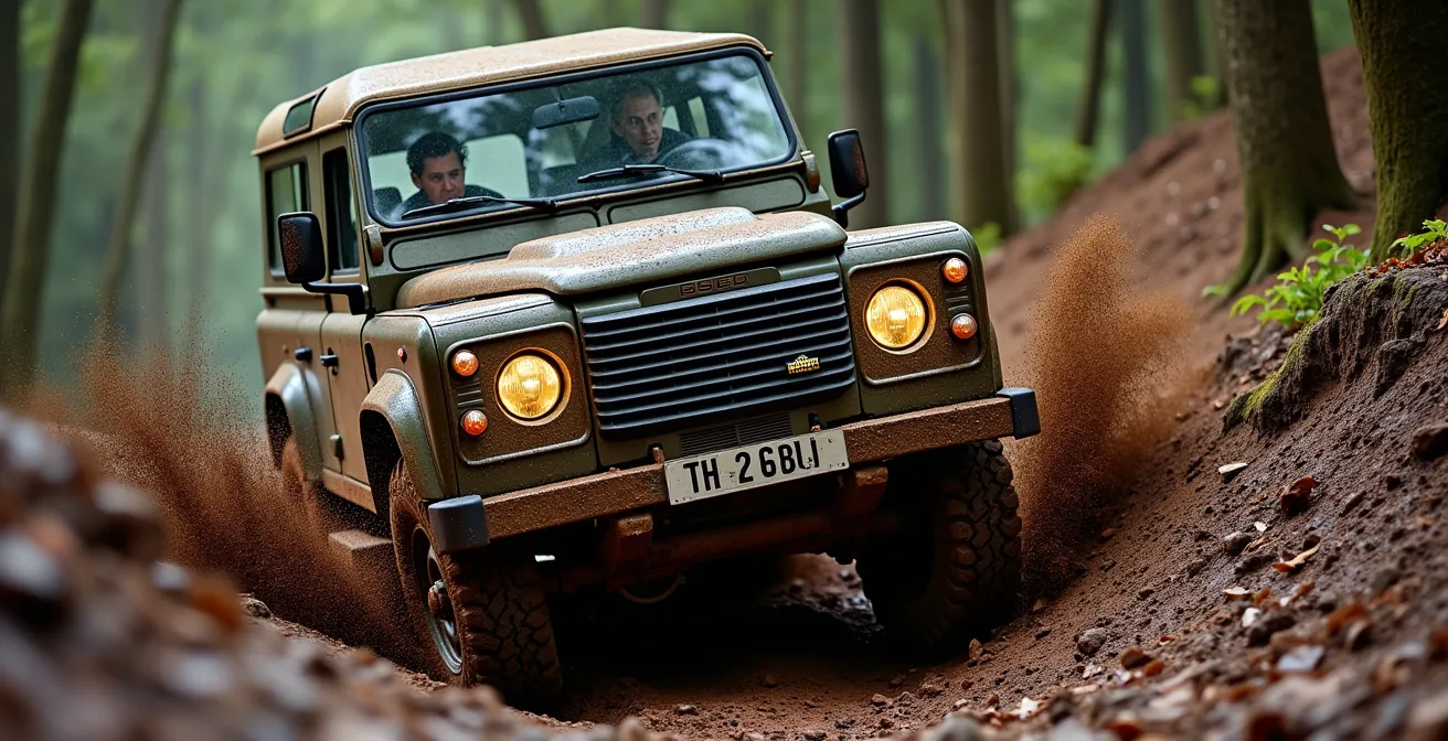 4x4 met lage gearing klimmend op steile modderige helling in de Ardennen