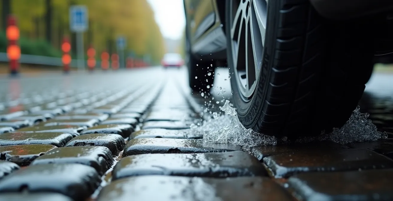Close-up van autobanden op nat Belgisch wegdek tijdens sliptraining