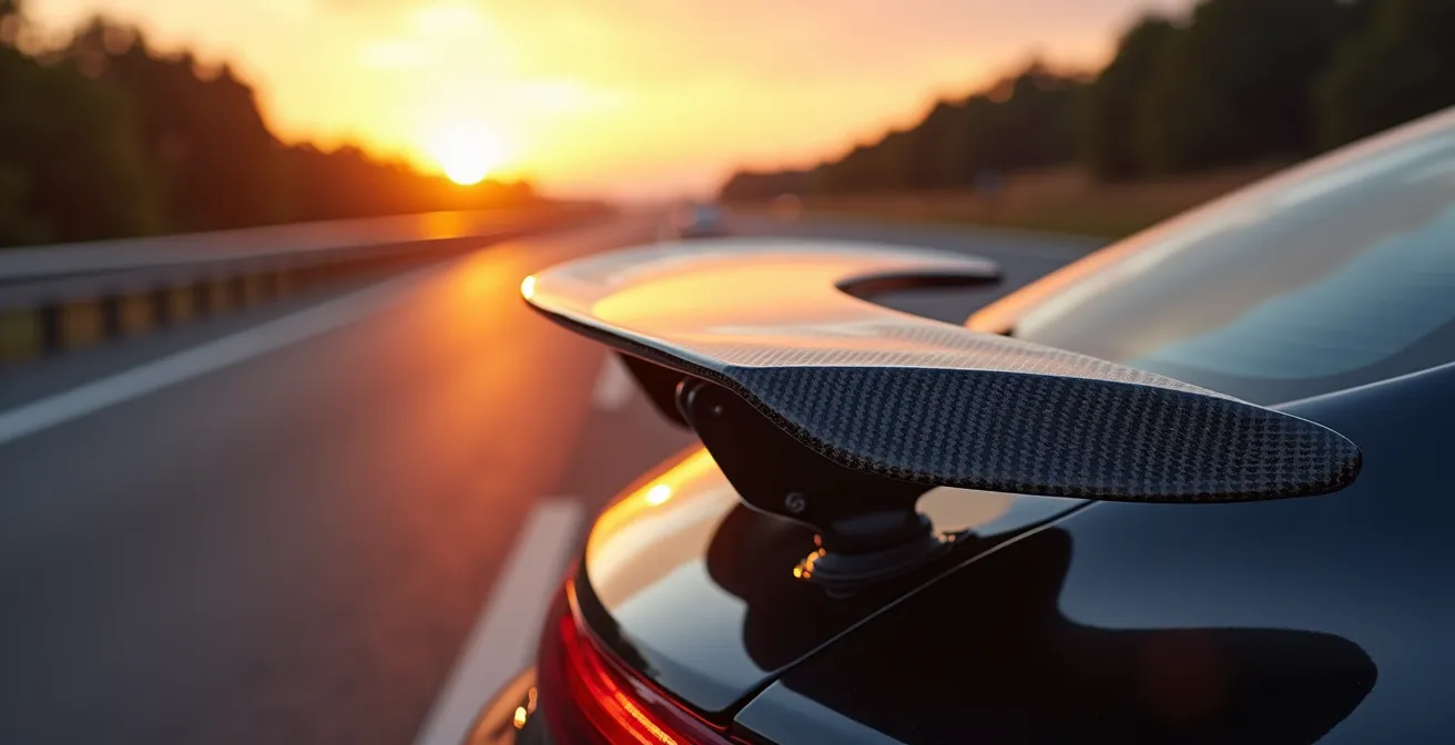 Close-up van actieve spoiler in werking tijdens het rijden