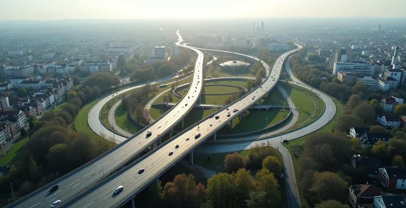 Luchtfoto van ringweg rond Belgische stad met duidelijke transitroute
