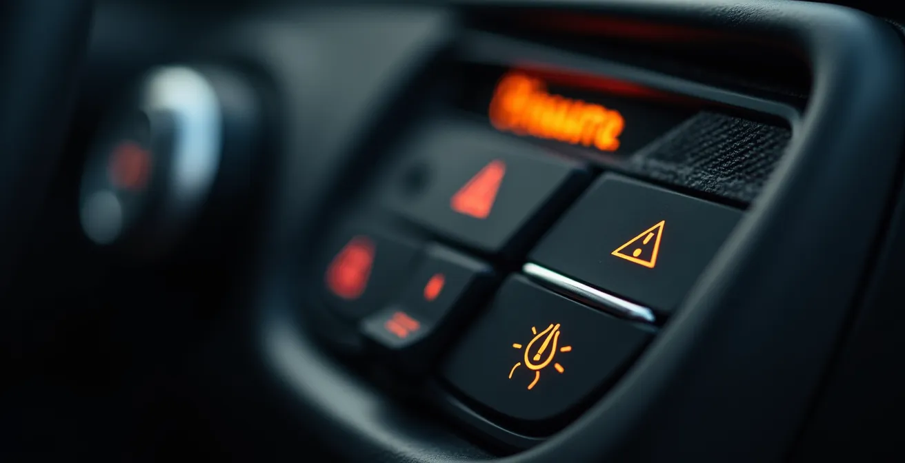 Close-up van autodashboard met waarschuwingslampje voor defecte richtingaanwijzer