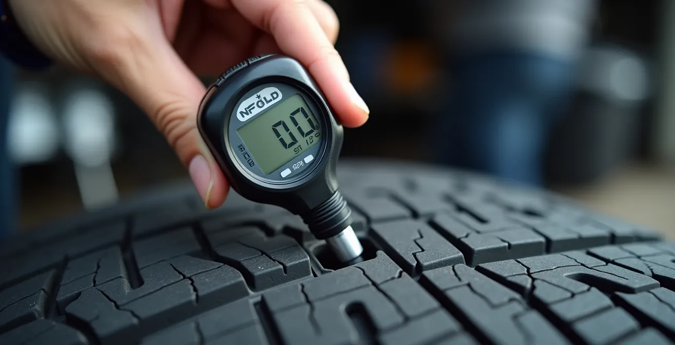 Close-up van digitale bandenspanningsmeter bij sportwagen wiel in circuit paddock