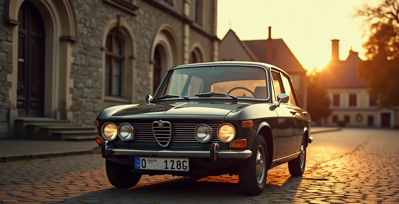 Klassieke auto met Belgische O-plaat geparkeerd voor historisch gebouw