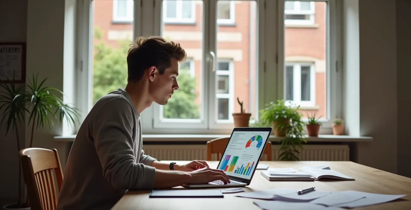 Jonge bestuurder vergelijkt verzekeringen op laptop met papieren naast zich