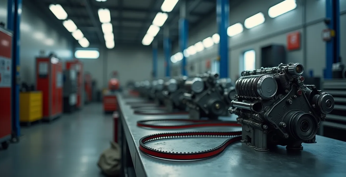 Detailopname van distributieriem systeem in motorcompartiment