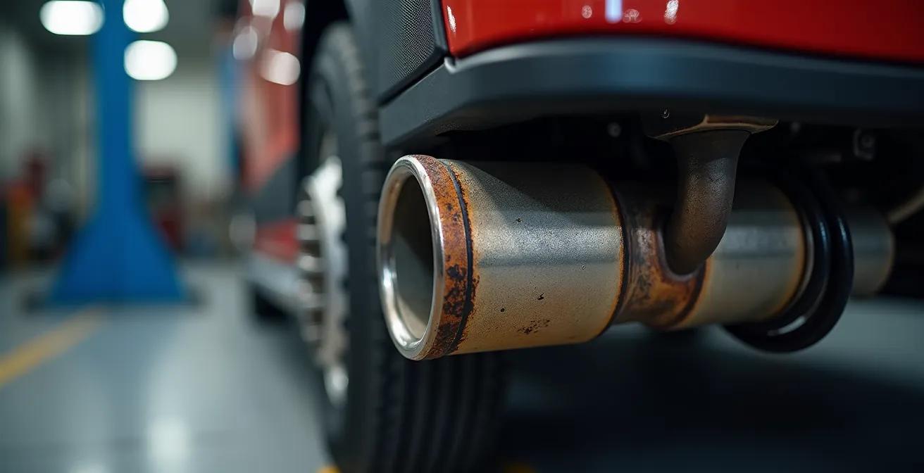 Close-up van diagnostische apparatuur aangesloten op auto-uitlaatsysteem