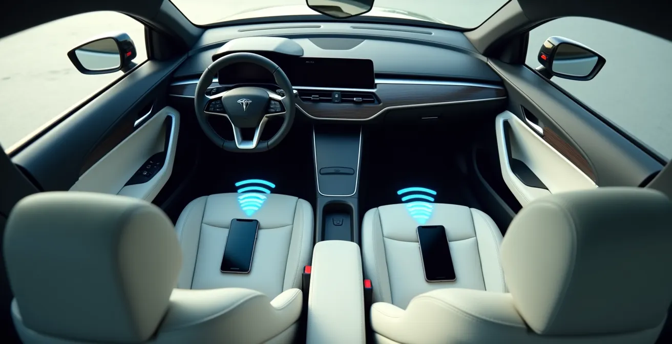 Bovenaanzicht van auto-interieur met twee smartphones draadloos verbonden