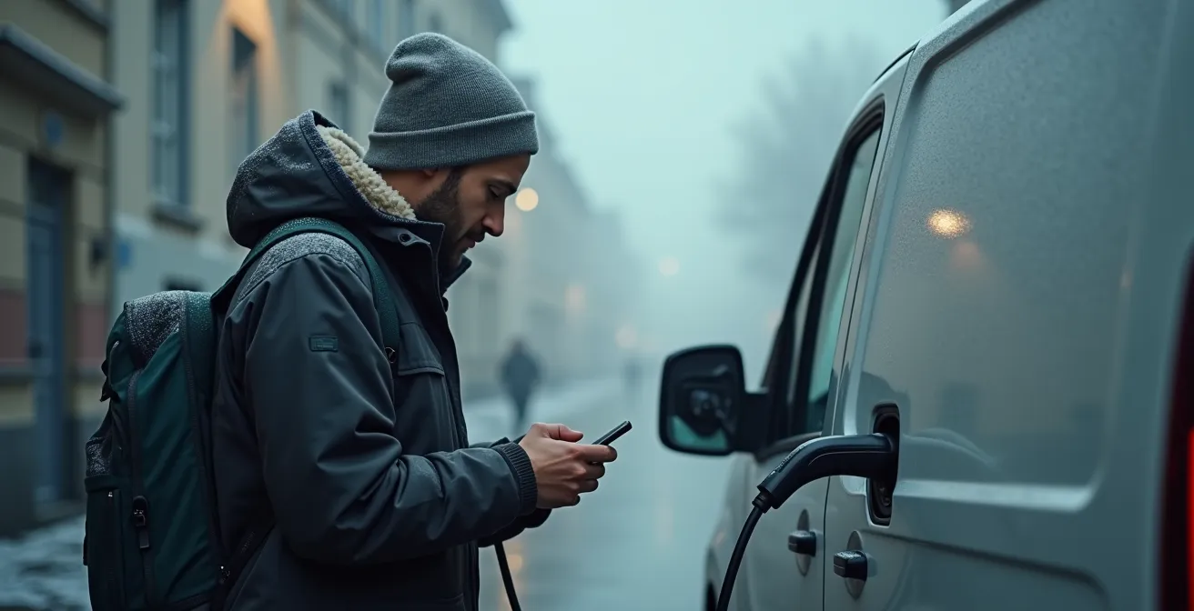 Elektrische bestelwagen bij laadpunt in een winters Brussels stadsbeeld