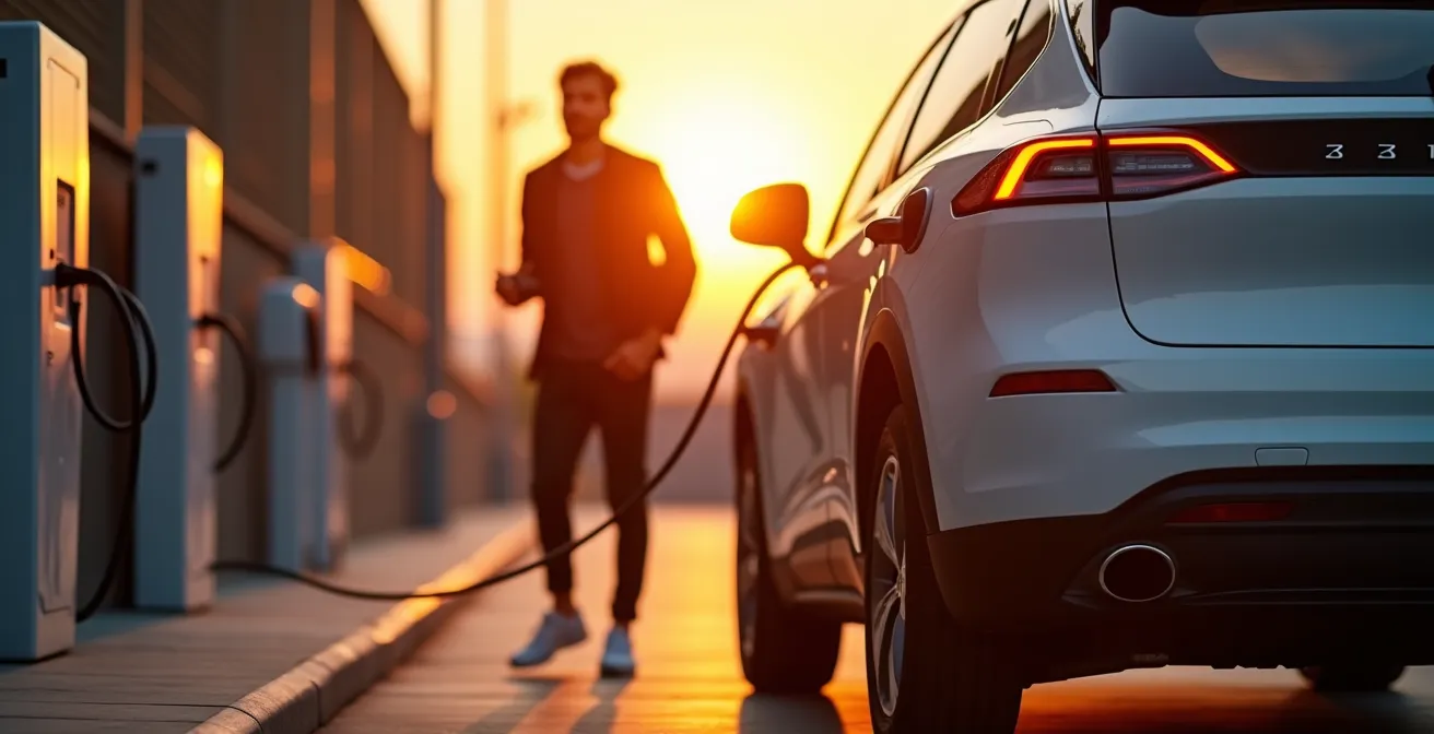 Moderne elektrische SUV aan een laadpaal bij zonsondergang