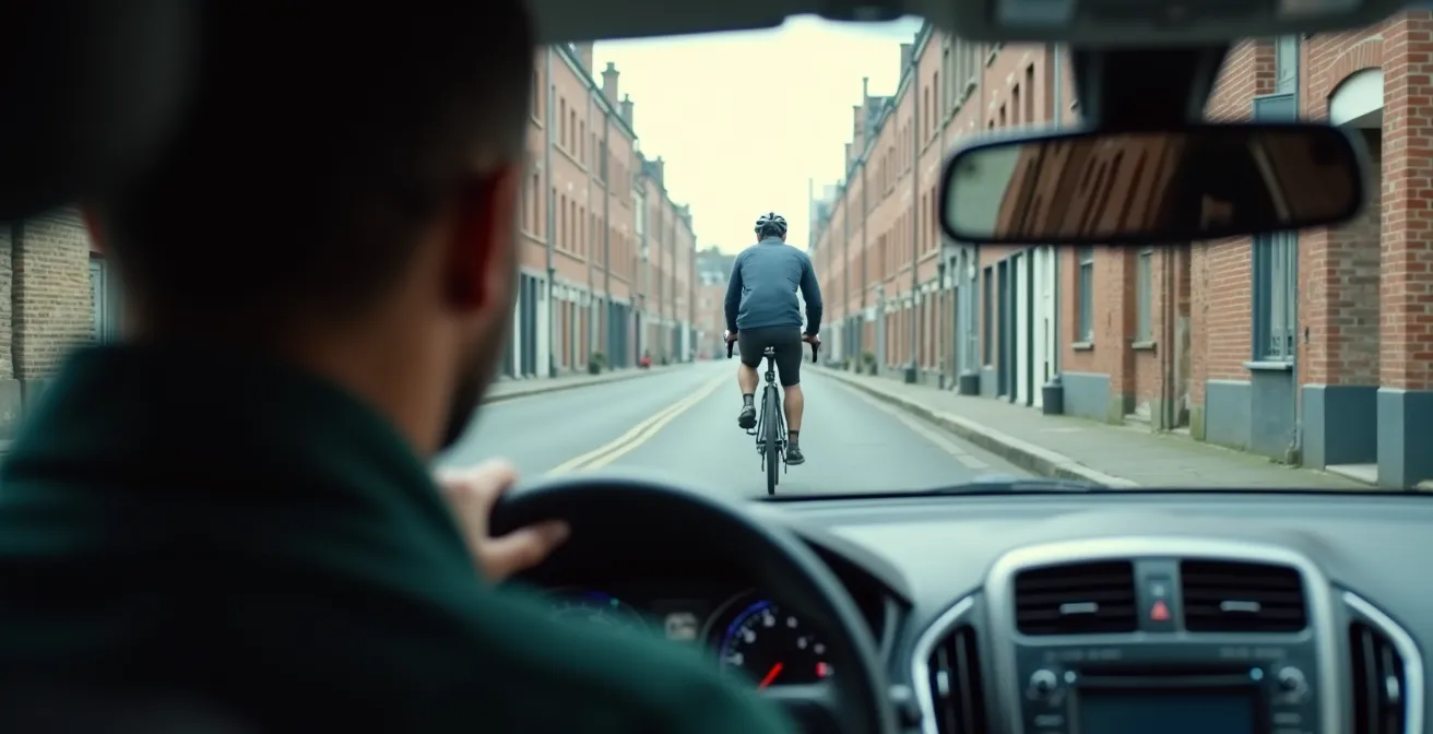 Fietsstraat in Belgische stad met fietsers en auto vanuit bestuurders perspectief