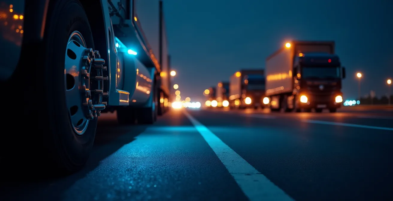 Nachtzicht van beveiligde vrachtwagenparkeerplaats met tracking technologie