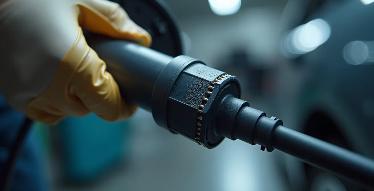 Close-up inspectie van Type 2 laadkabel connector met focus op de metalen pinnen