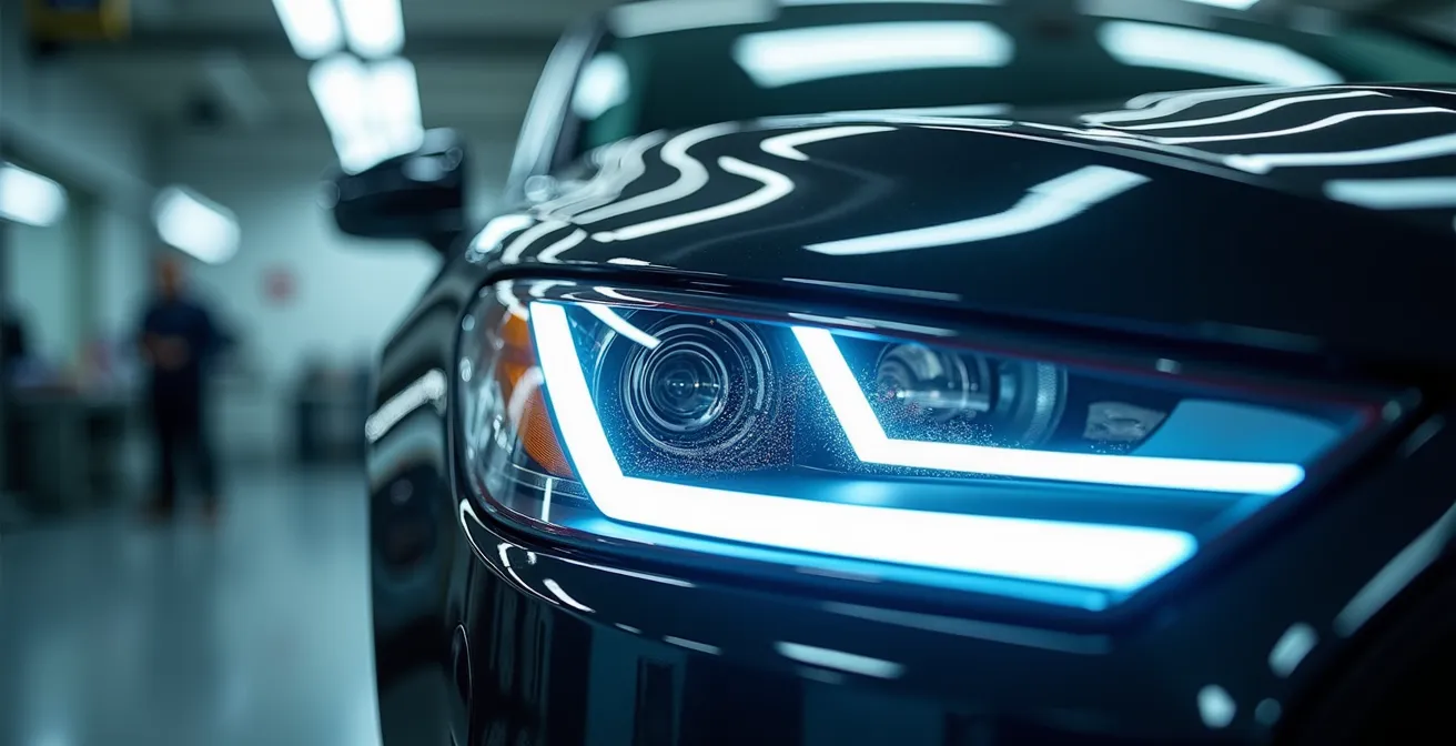 Technische meting van koplampafstelling met professionele meetapparatuur in keuringscentrum