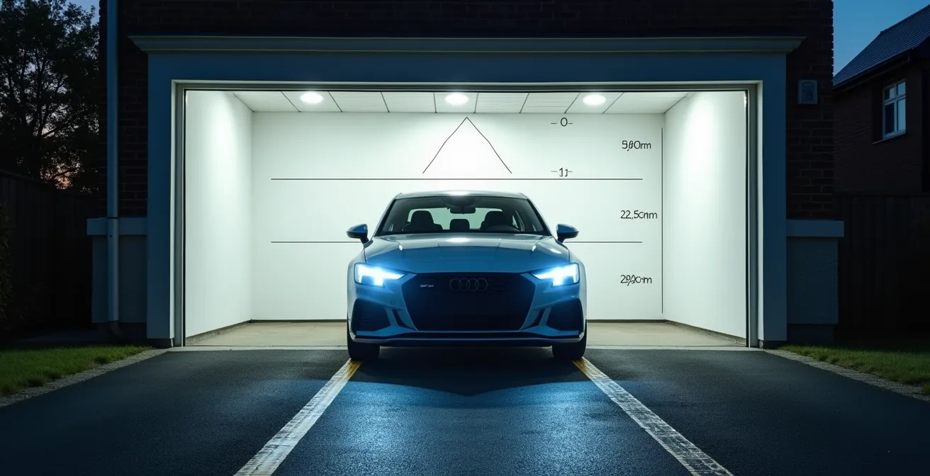 Auto geparkeerd voor muur met meetlijnen voor koplampafstelling