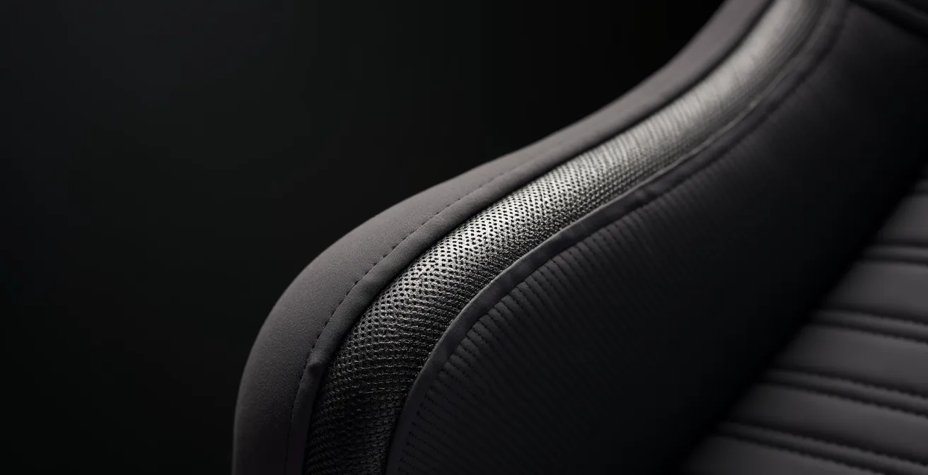 Detail van een racekuipstoel die perfecte laterale ondersteuning biedt