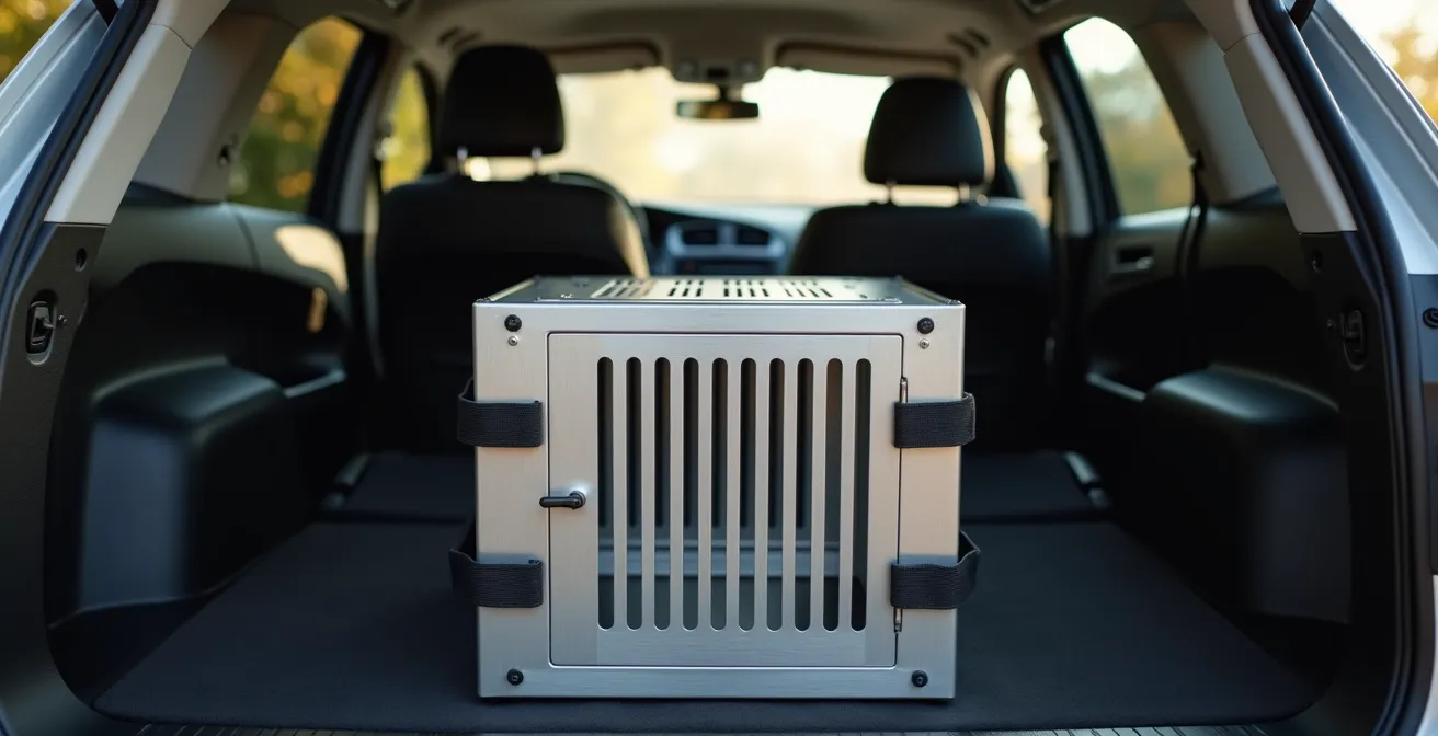 Metalen hondenbench stevig verankerd in autokofferbak