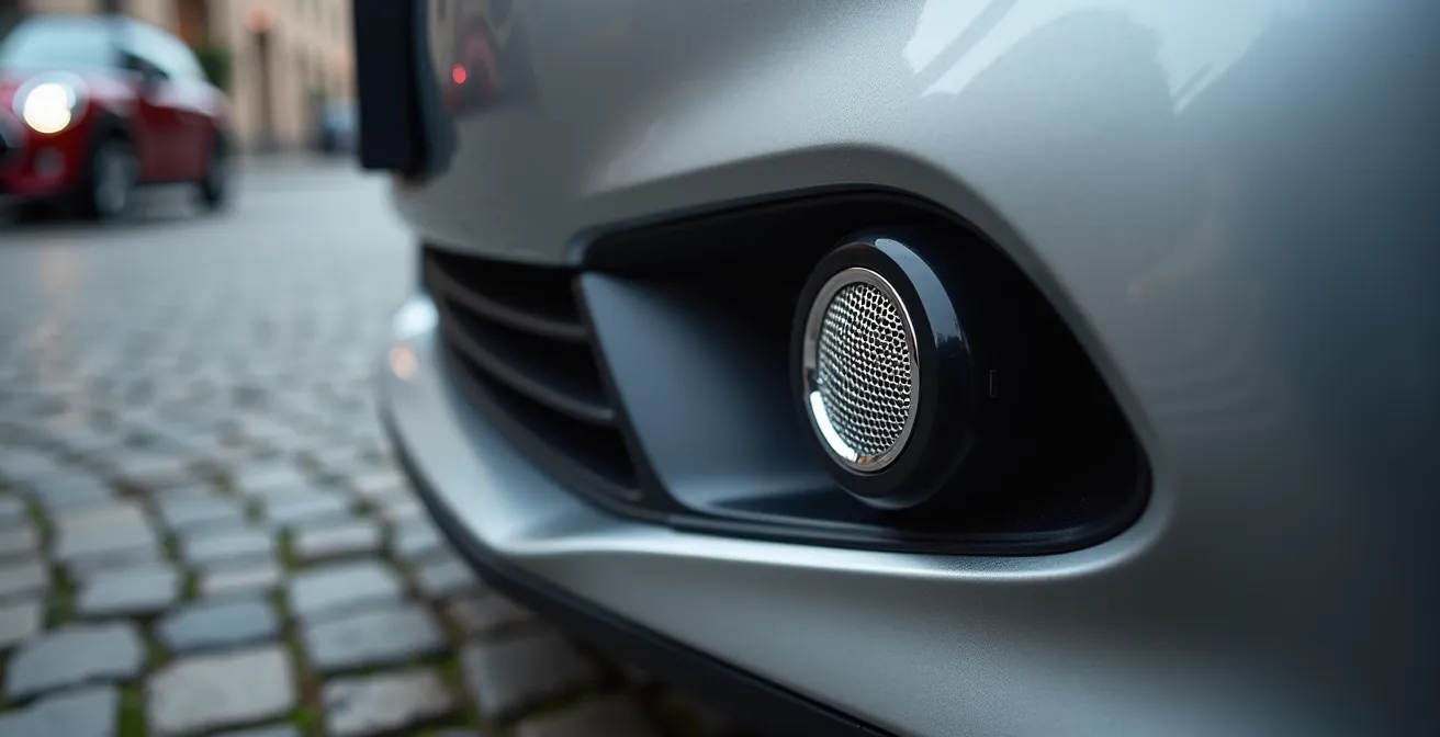 Close-up van moderne parkeersensor op autobumper in Brusselse straat