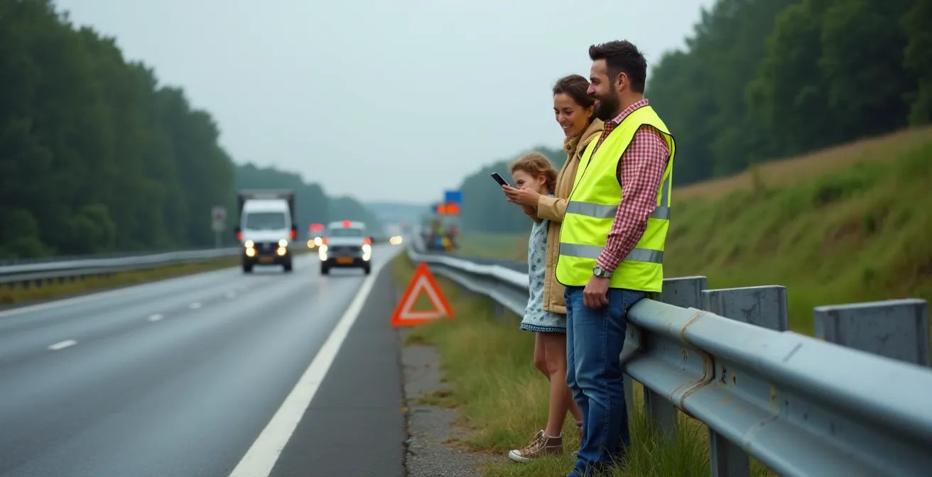 Gezin staat veilig achter vangrail langs Belgische snelweg met geparkeerde auto op pechstrook