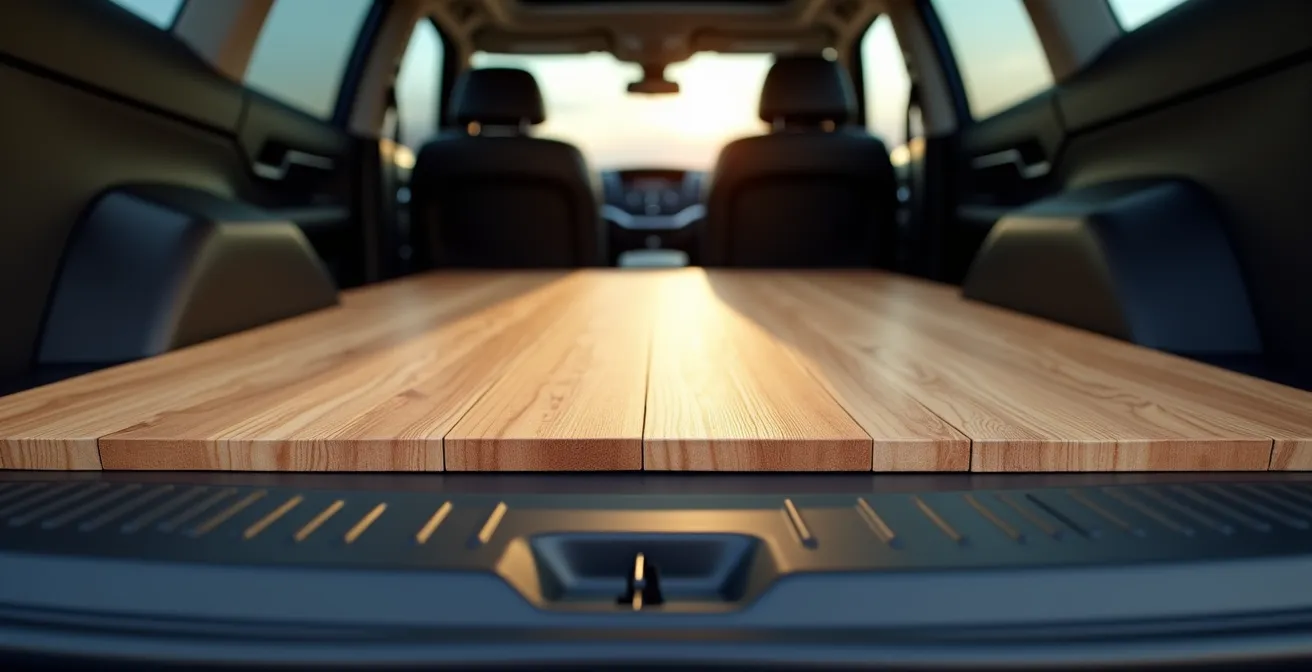 Demonstratie van het voordeel van een platte laadvloer in een stationwagon voor transport van lange materialen