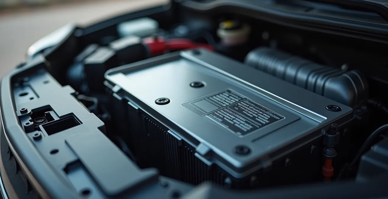 Close-up van het batterijcompartiment van een plug-in hybride SUV