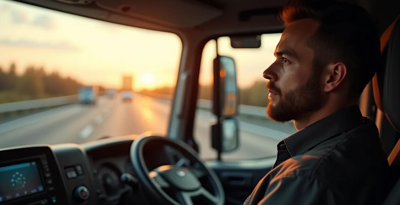 Professionele chauffeur in vrachtwagencabine met focus op privacy