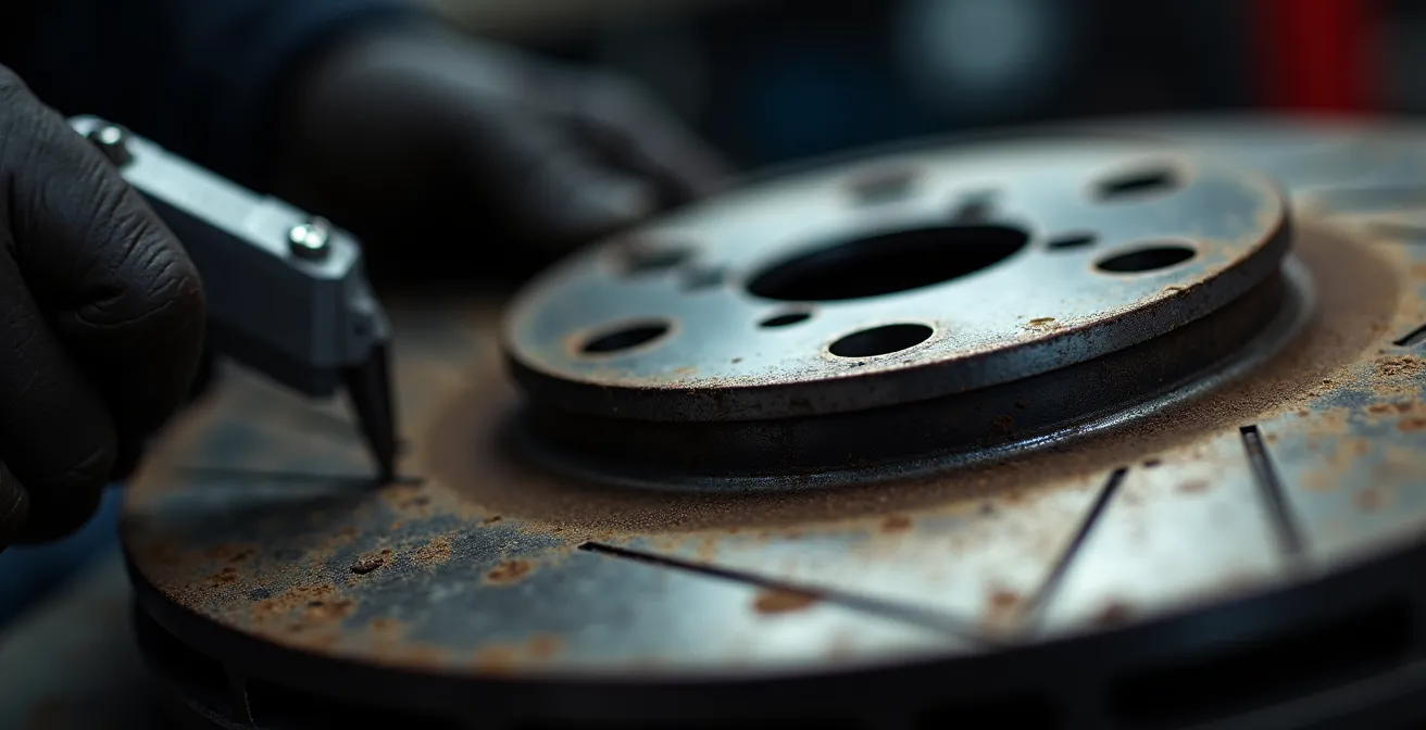 Close-up van remschijfmeting met meetgereedschap