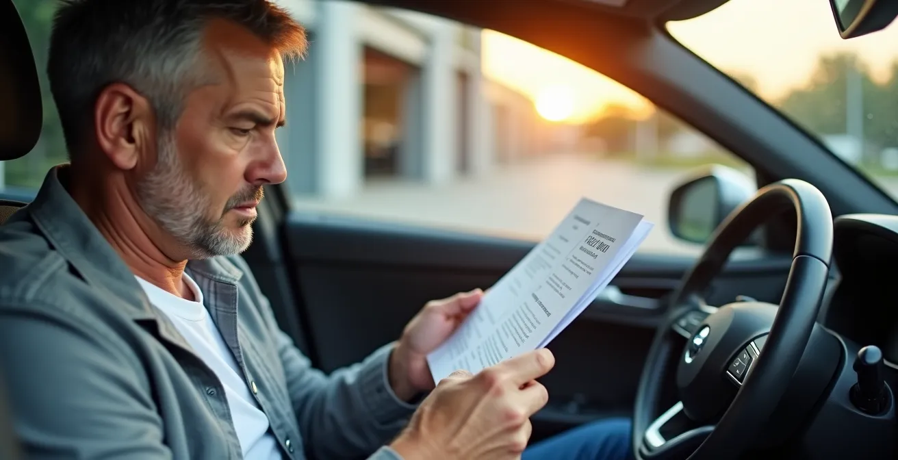 Bestuurder houdt keuringsdocumenten vast in voertuig met garage op achtergrond