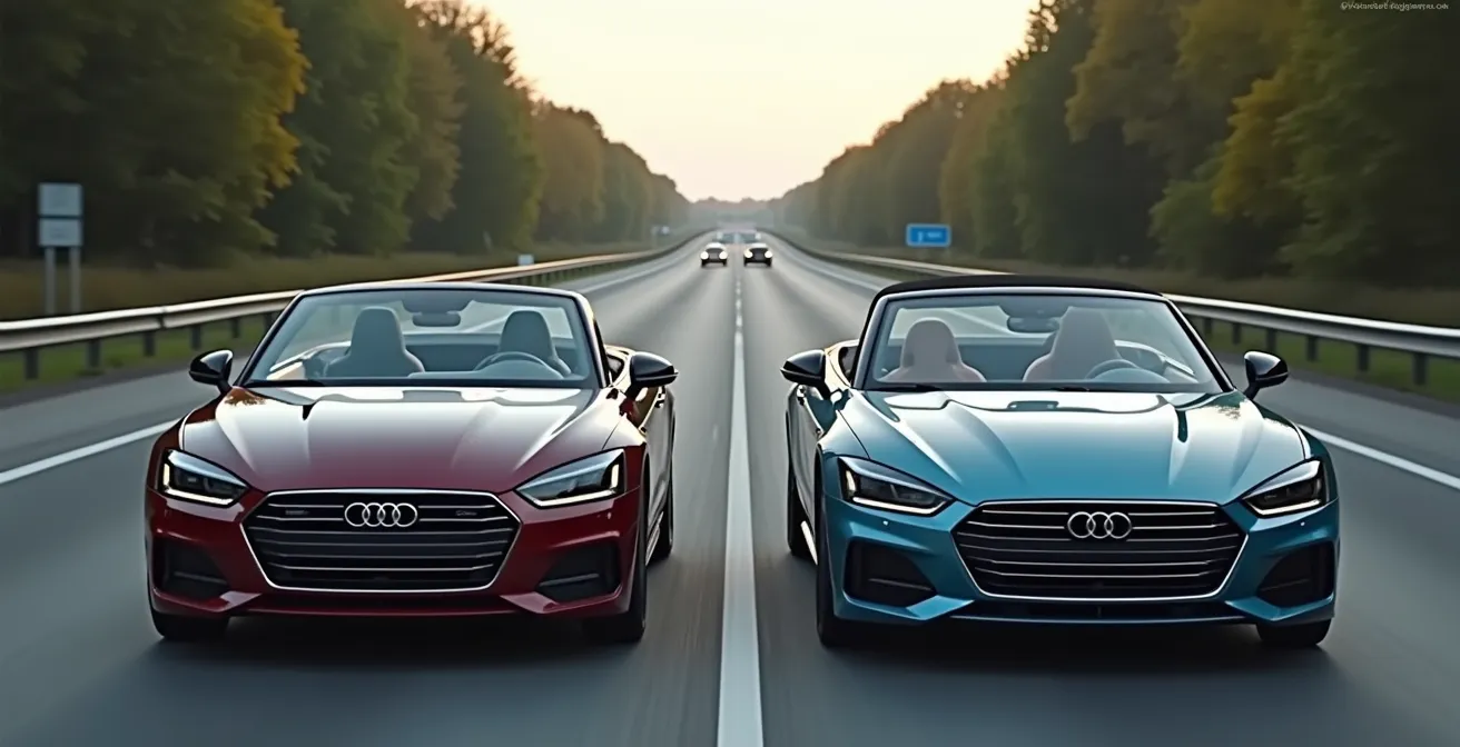 Zijaanzicht van twee cabrio's met verschillende dakconstructies op Belgische snelweg