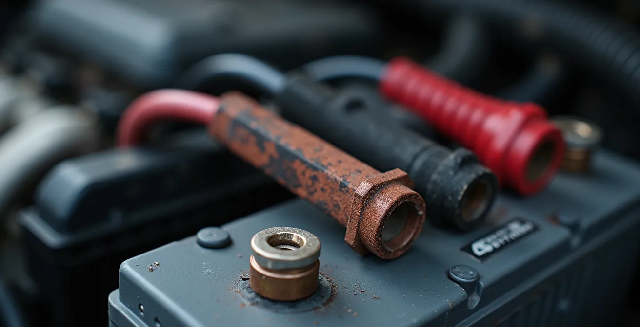 Close-up van motorruimte met startkabels aangesloten op batterijpolen en massapunt