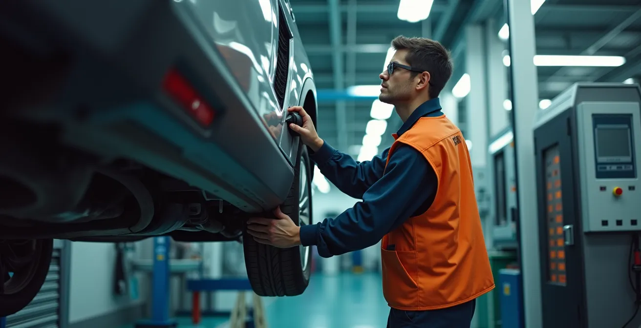 Een technicus in een homologatiecentrum die een voertuig inspecteert met gespecialiseerde apparatuur.