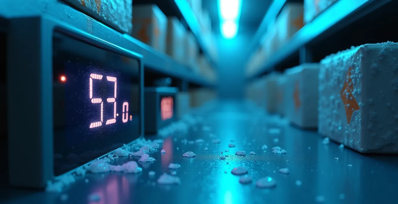 Macro-opname van temperatuursensor in gekoelde vrachtwagen met voedselverpakkingen