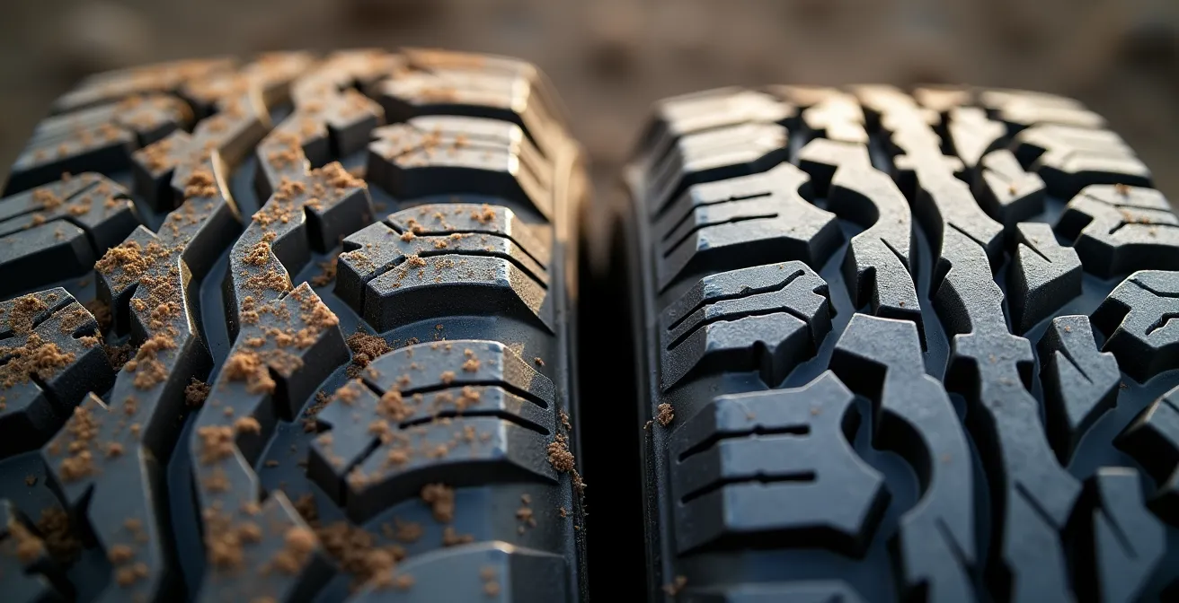 Close-up vergelijking van AT en MT bandprofielen met zichtbaar verschil in groefdiepte