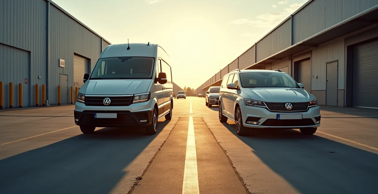 Ford Ranger bestelwagen naast personenauto in Belgisch bedrijfspand