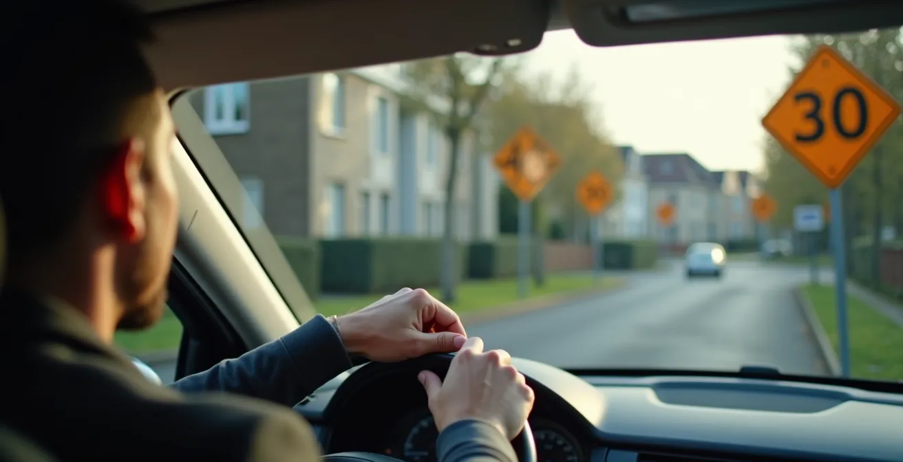 Zijaanzicht auto ophanging bij het nemen van verkeersdrempel in zone 30