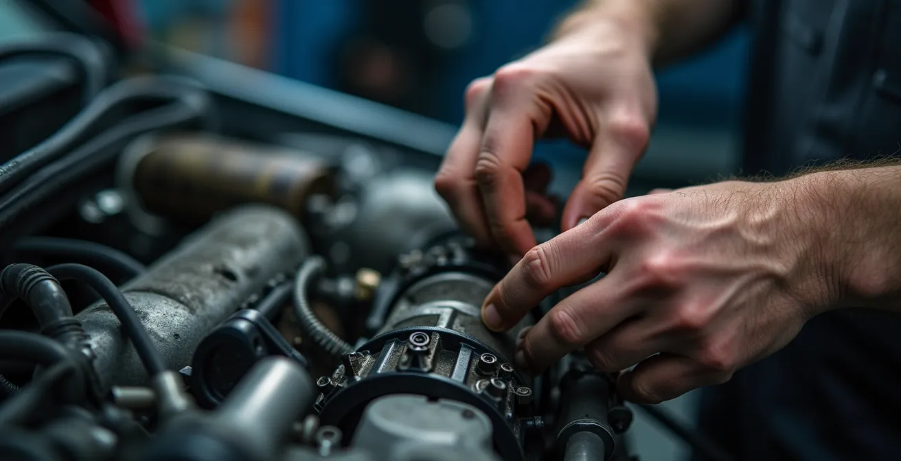 Monteur inspecteert distributieriem in motorruimte