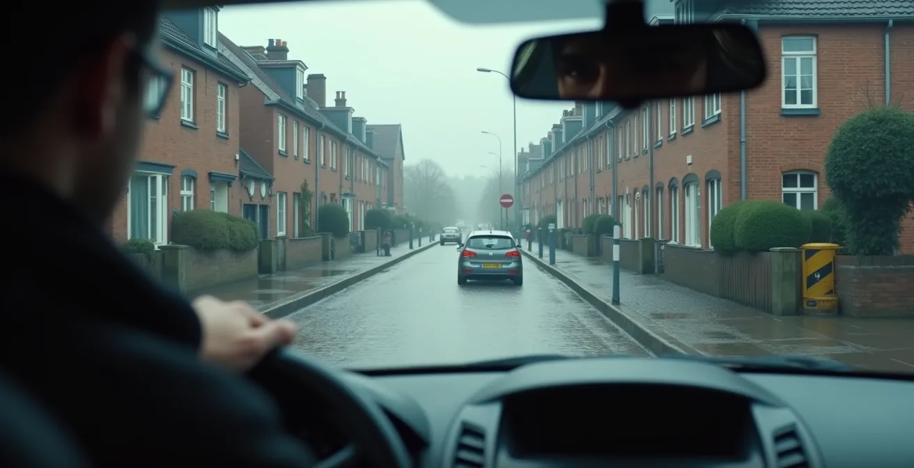 Ondergelopen straat met auto in ondiep water tijdens overstroming