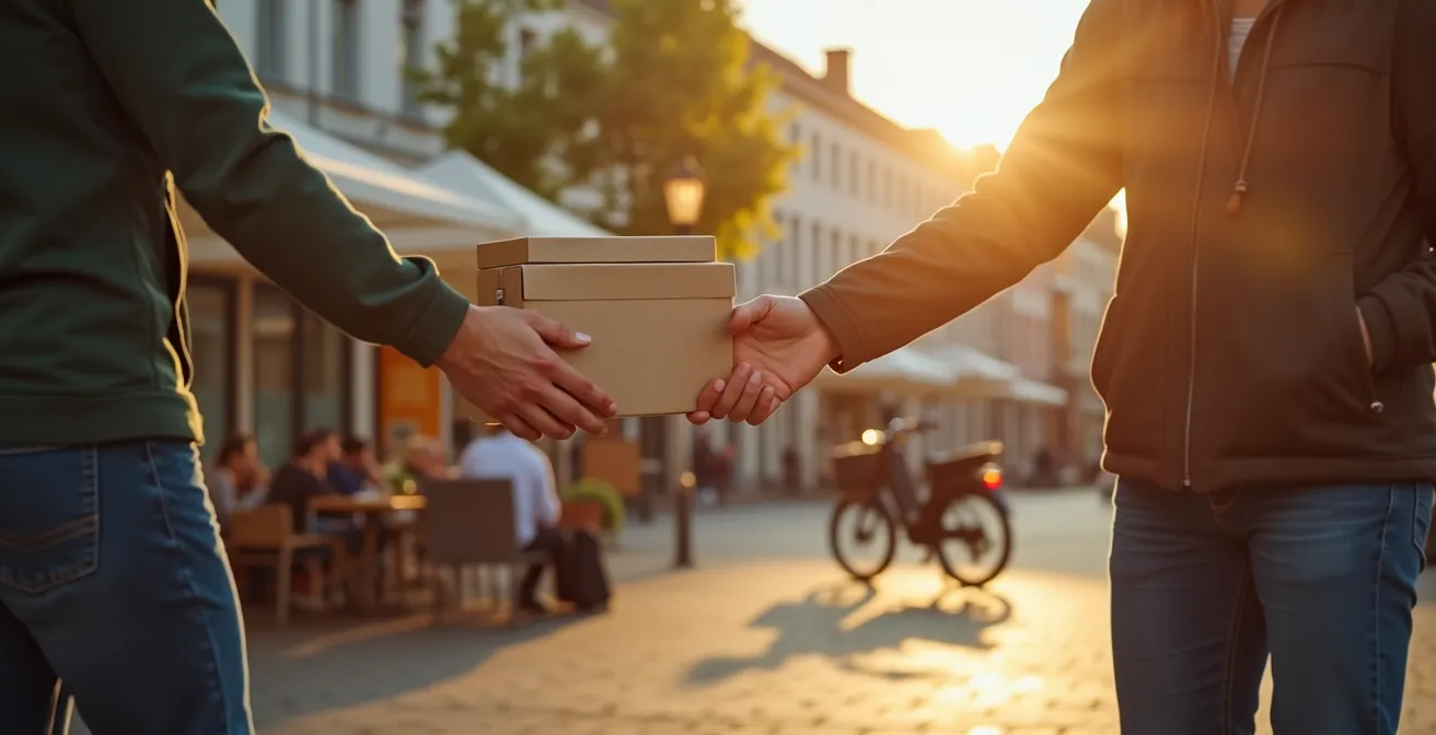 Wijkconciërge met een bakfiets die pakketten distribueert in een Brusselse volkswijk