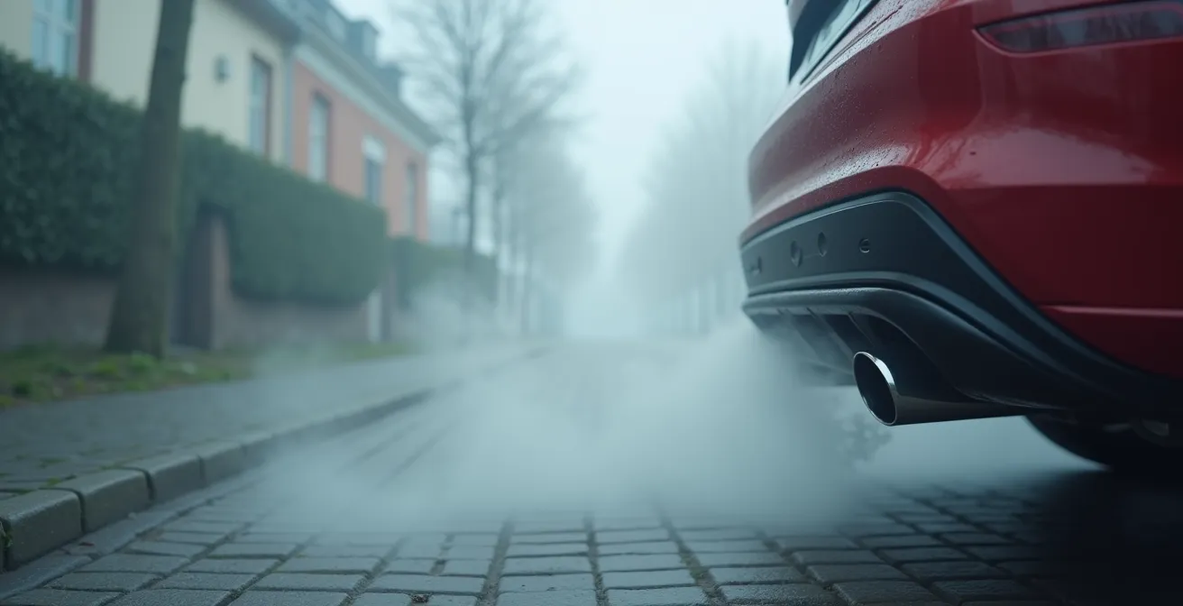 Auto uitlaat met witte damp in vochtige ochtendmist