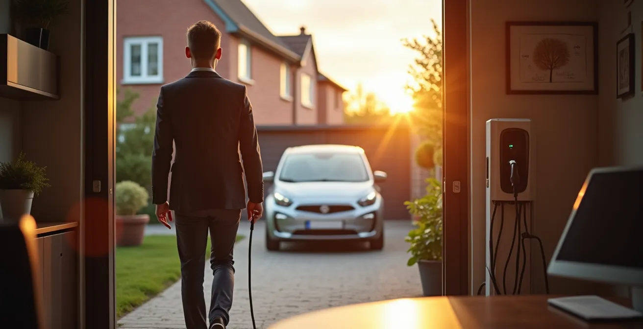 Thuiskantoor met elektrische bedrijfswagen aan laadpaal
