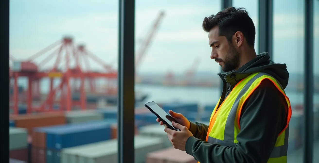 Close-up van logistiek medewerker die containerstatus controleert op tablet in havenkantoor
