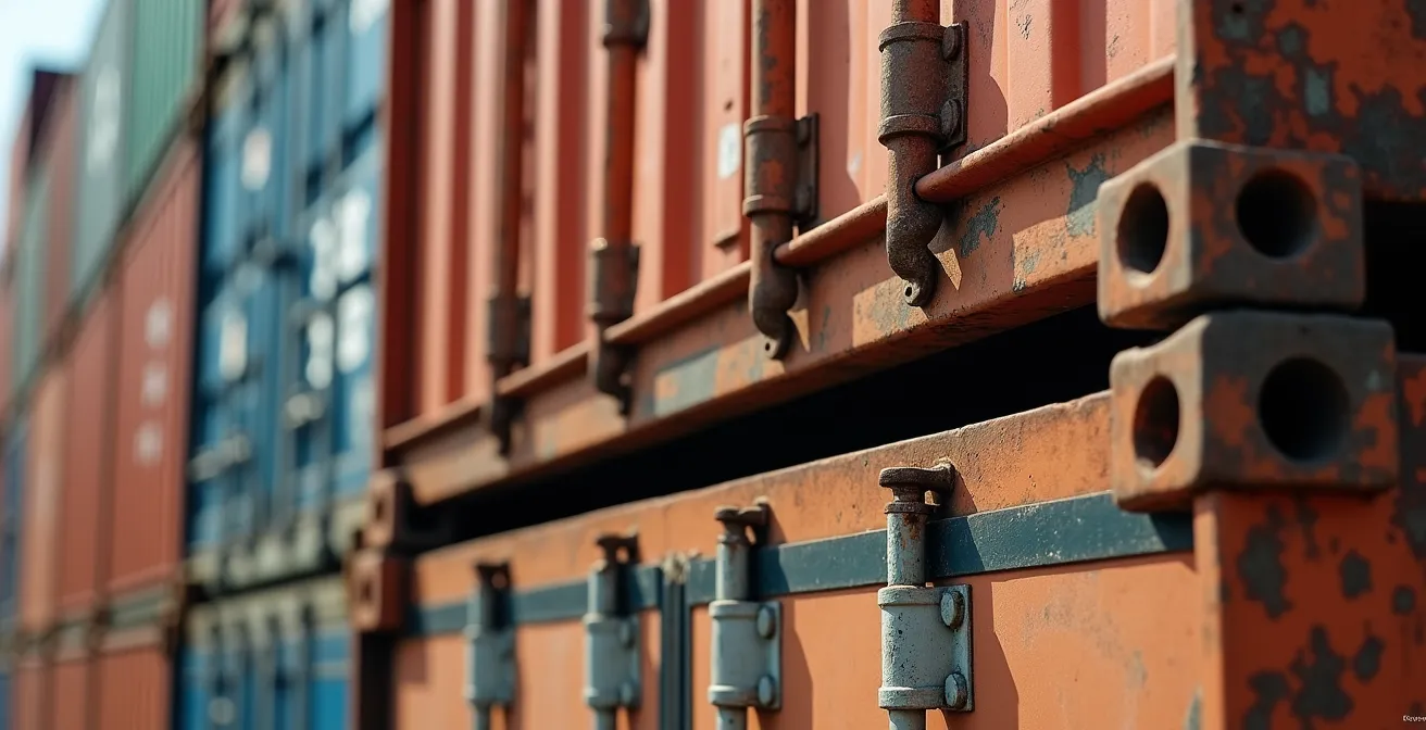 Macrofoto van kleurrijke gestapelde zeecontainers met zichtbare textuur en verwering