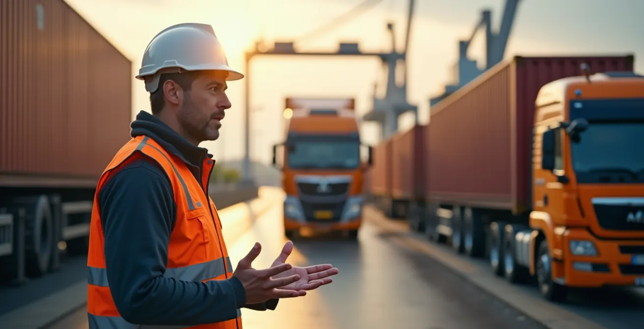 Overslagoperatie bij Belgische binnenvaartterminal met kranen en vrachtwagens voor distributie