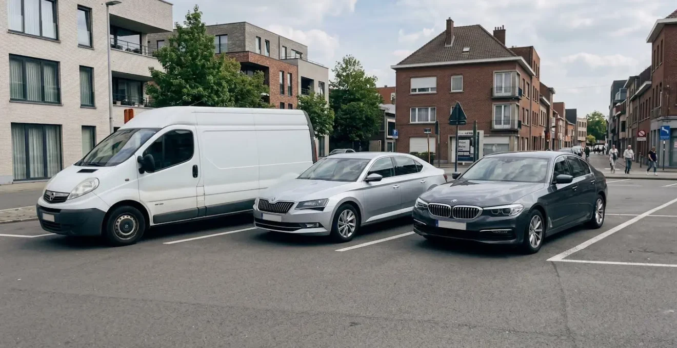 Drie verschillende types zakelijke voertuigen geparkeerd op een hedendaagse bedrijfsparking in Vlaanderen: bestelwagen, personenwagen en directiewagen