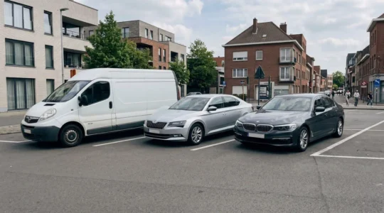 Drie verschillende types zakelijke voertuigen geparkeerd op een hedendaagse bedrijfsparking in Vlaanderen: bestelwagen, personenwagen en directiewagen