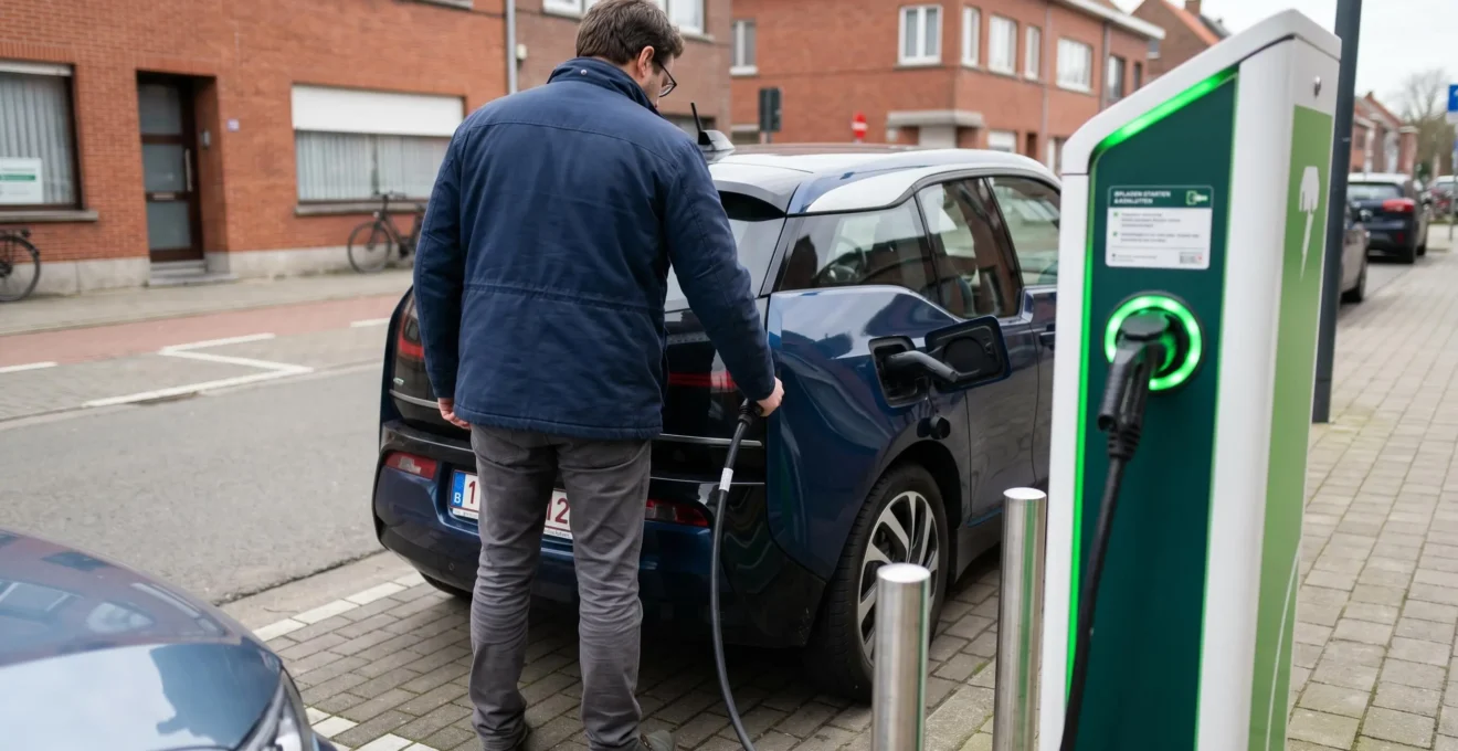 Een persoon sluit een elektrische laadkabel aan op een bedrijfswagen aan een moderne laadpaal in België