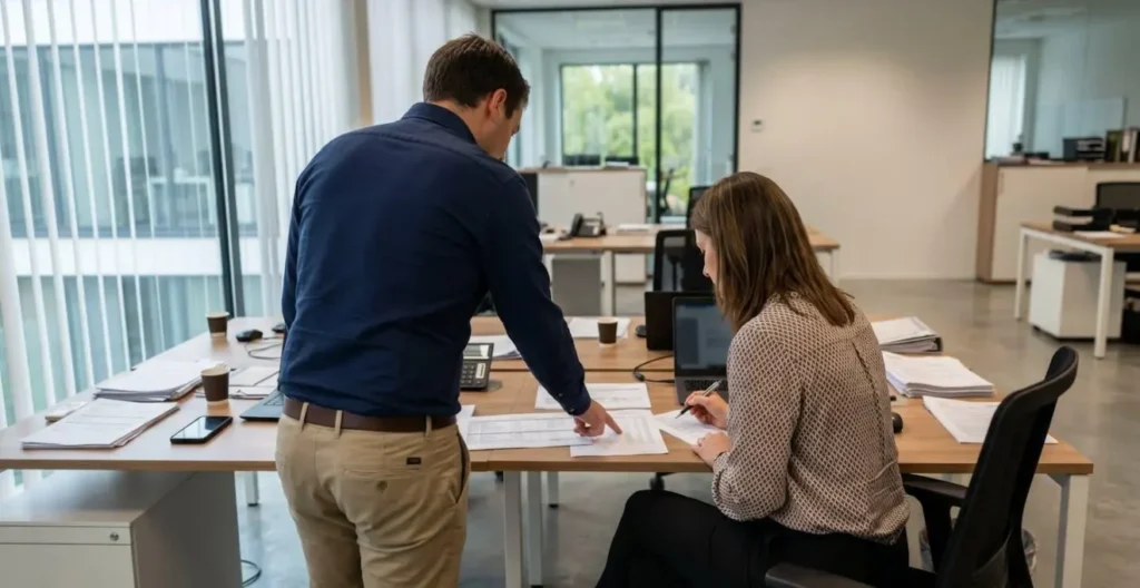 Twee professionals analyseren fiscale aftrekbaarheid van bedrijfswagens aan een bureau met belastingdocumenten Twee professionals analyseren fiscale aftrekbaarheid van bedrijfswagens aan een bureau met belastingdocumenten